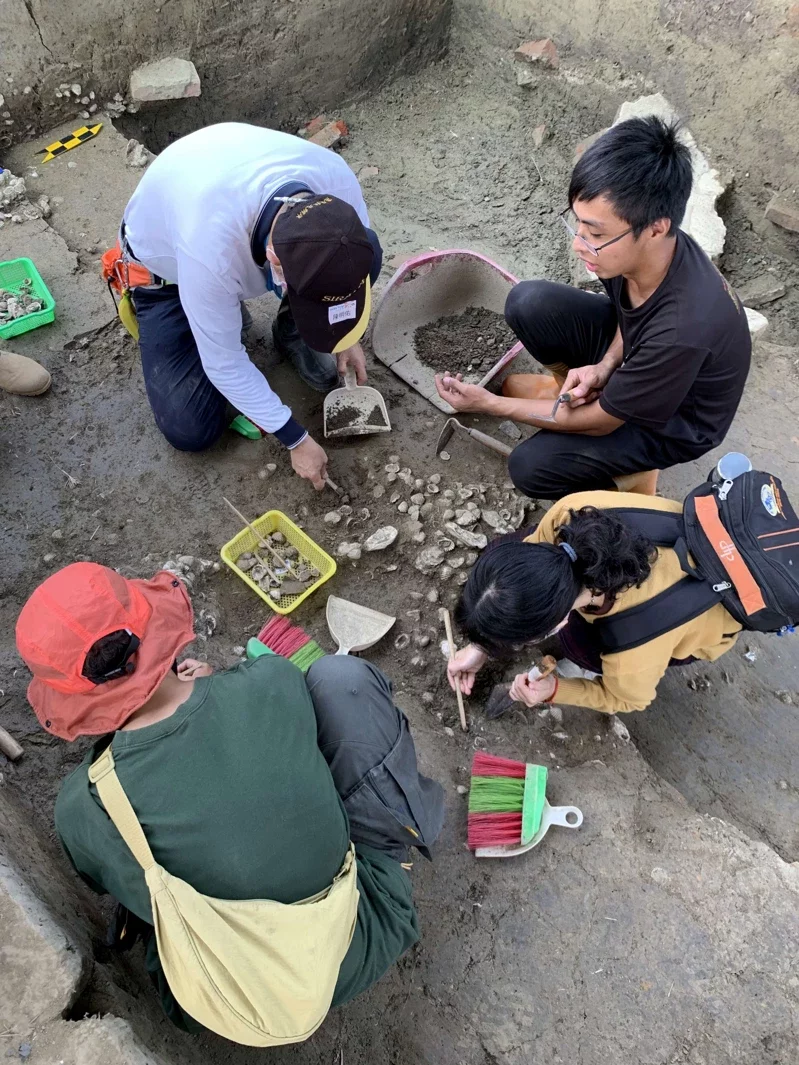 成大等團隊在台南佳里區進行考古挖掘，西拉雅族男孩堯方（右上者）參與其中，帶領民眾挖出蕭壠舊社大片貝塚。圖／文資處提供